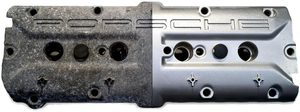 Comparison of dirty and clean engine covers.